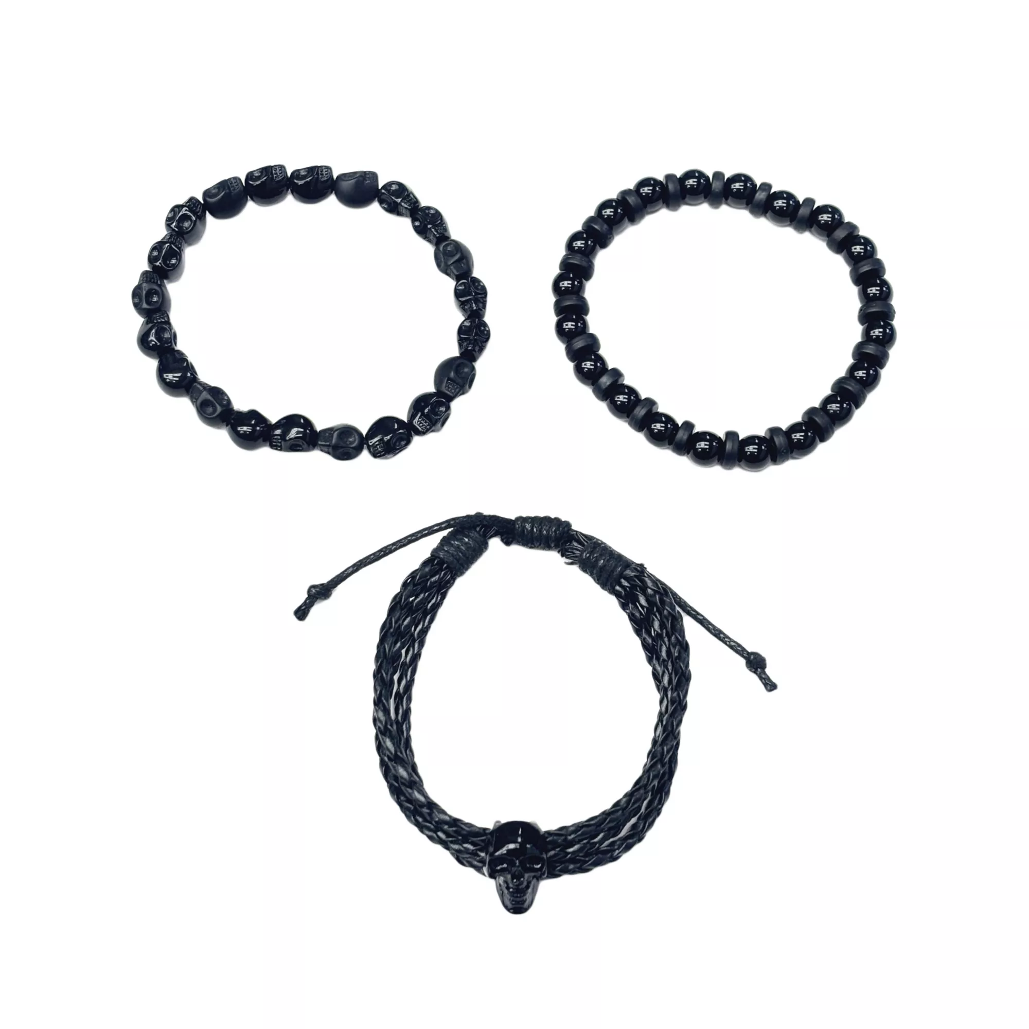 Multi-Pack Black Skull Beaded and Cord Bracelets - 3 Pack