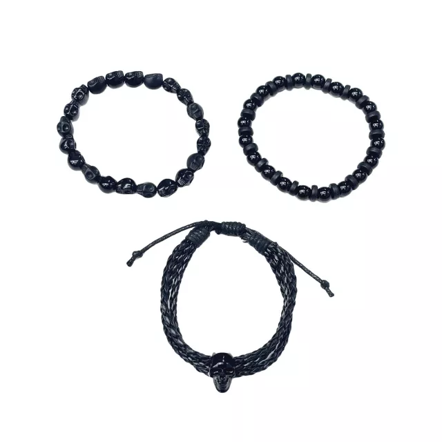 Multi-Pack Black Skull Beaded and Cord Bracelets - 3 Pack at Spencer's