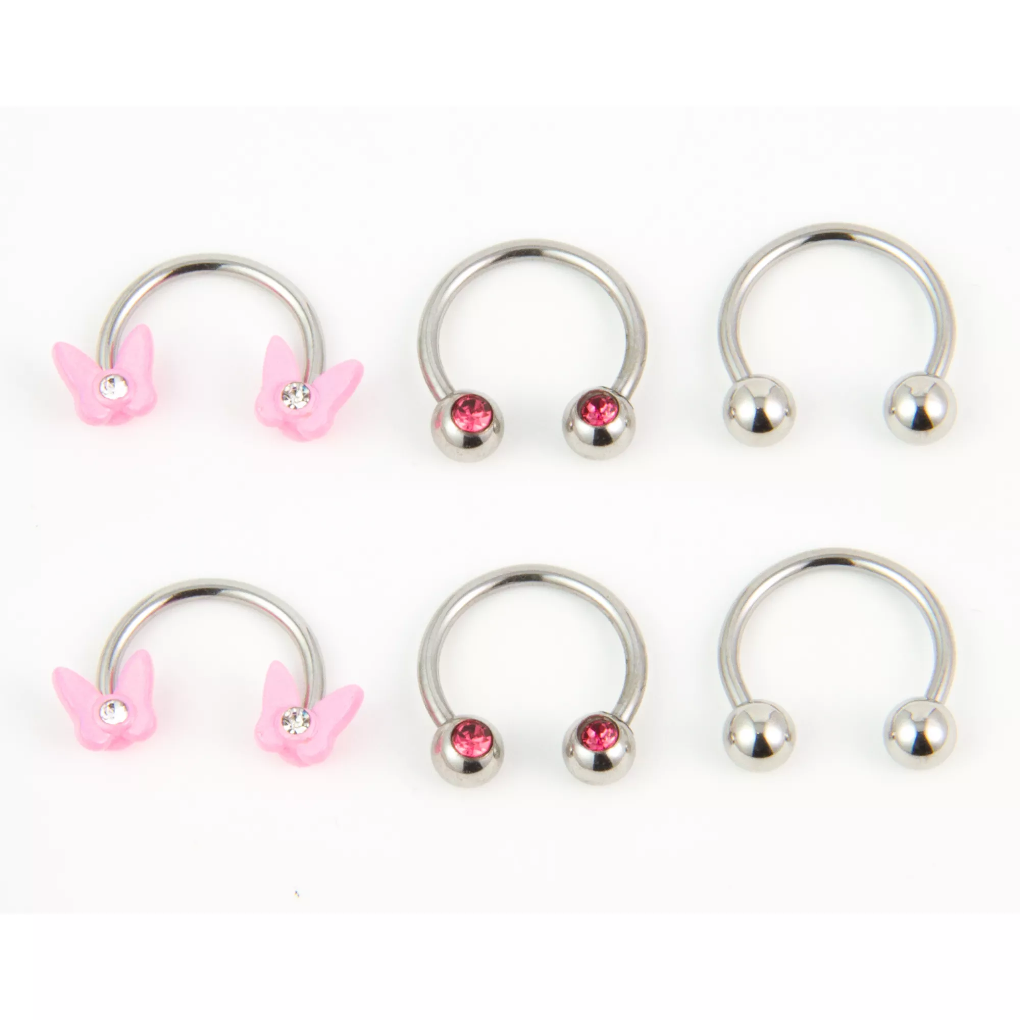 Multi-Pack Pink Butterfly and Pronged Horseshoe Rings - 6 Pack at Spencer's
