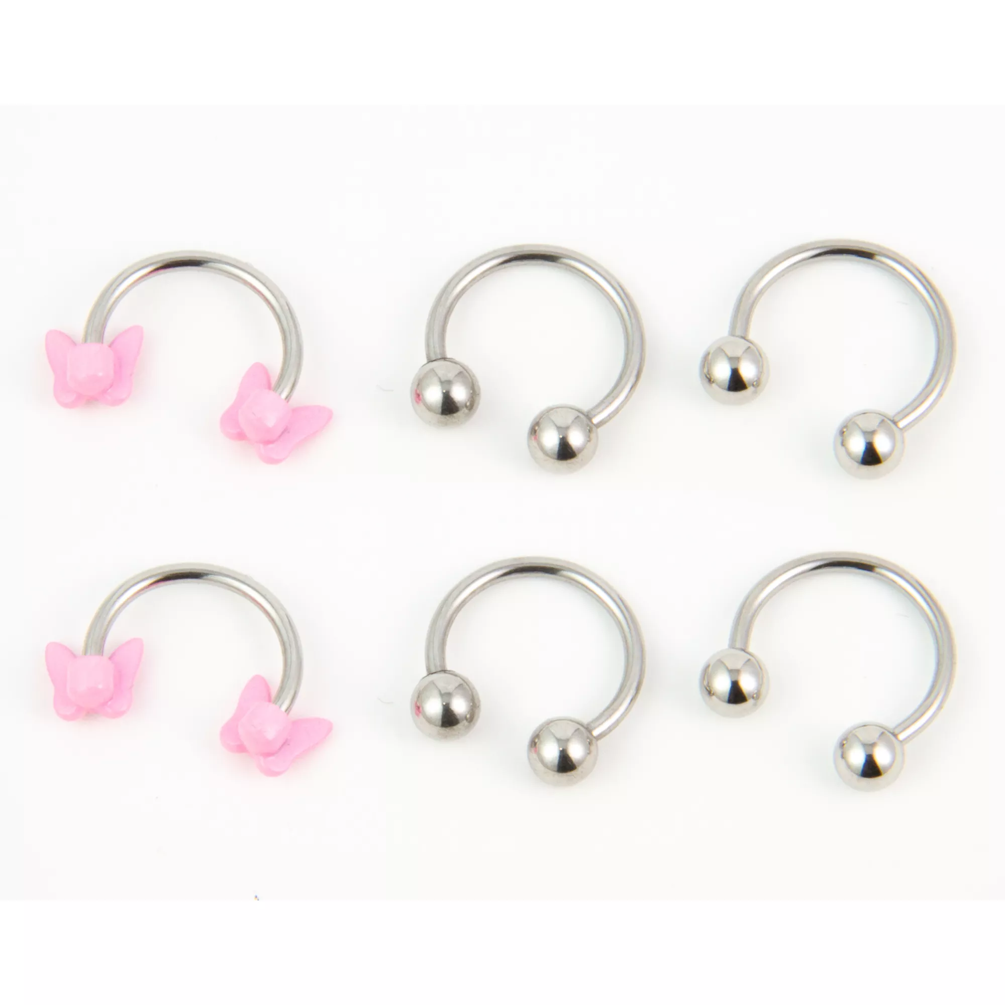 Multi-Pack Pink Butterfly and Pronged Horseshoe Rings - 6 Pack at Spencer's