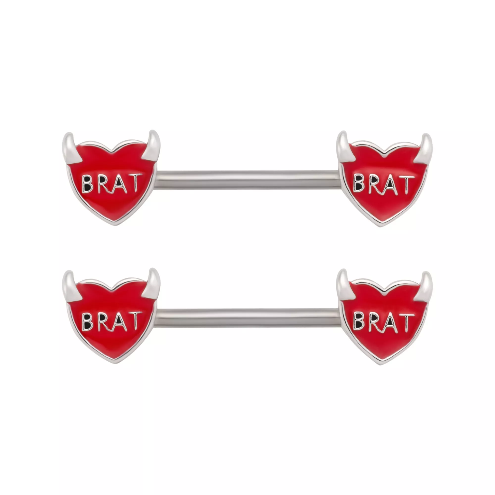 Brat Red Devil Heart Nipple Barbells - 14 Gauge