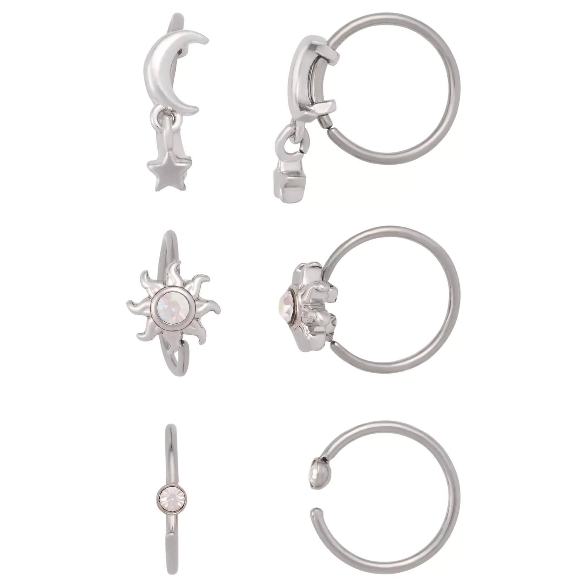 Multi-Pack CZ Sun and Moon Titanium Hoop Nose Rings 6 Pack - 20 Gauge at Spencer's