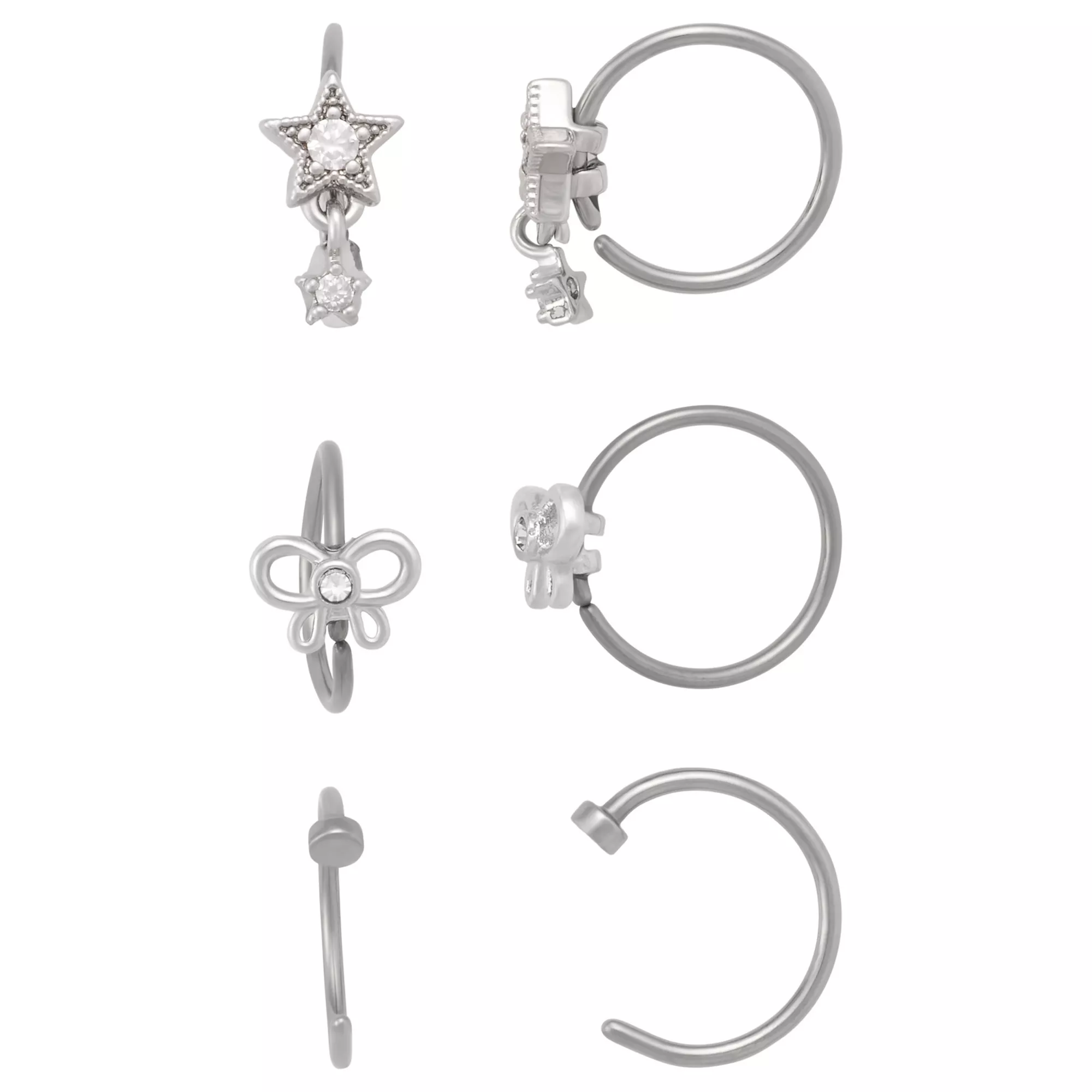Multi-Pack CZ Bow and Star Titanium Hoop Nose Rings 6 Pack - 20 Gauge at Spencer's