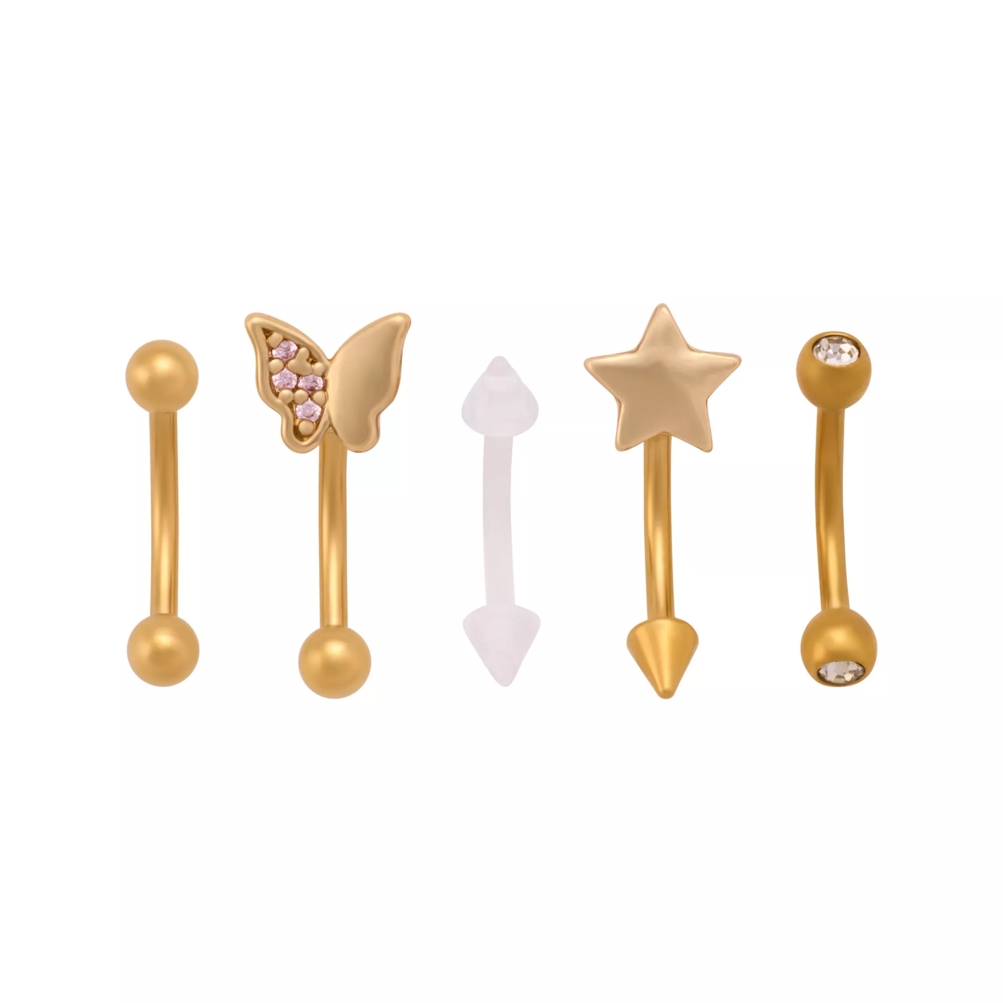 Multi-Pack CZ Star and Butterfly Gold-Plated Curved Barbells 5 Pack - 16 Gauge at Spencer's