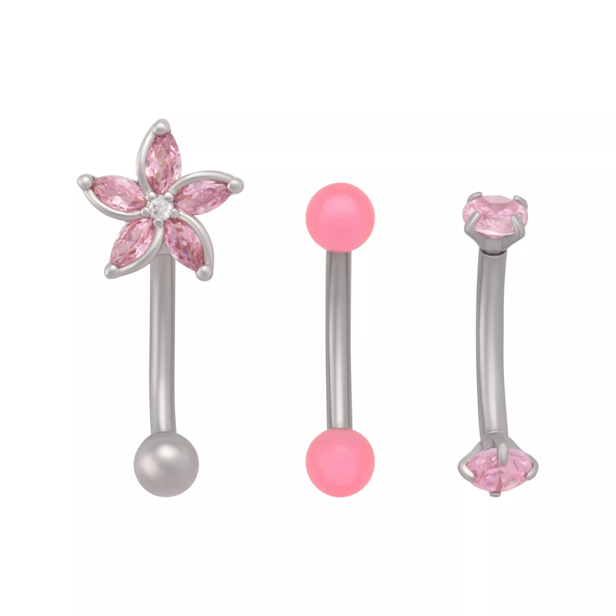 Multi-Pack Pink CZ Flower Curved Barbells 3 Pack - 16 Gauge