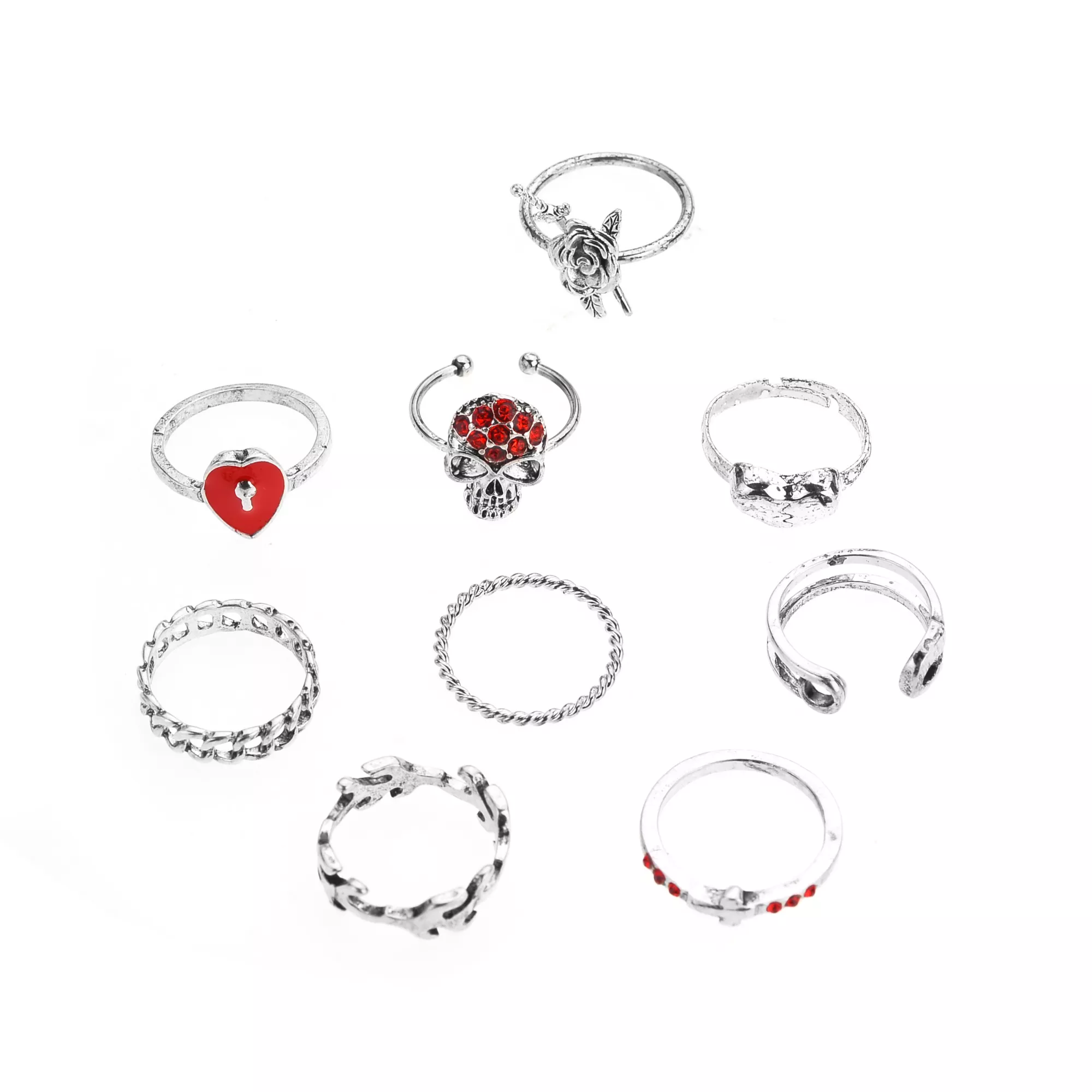 Multi-Pack Red Heart Skull Assorted Rings - 9 Pack at Spencer's