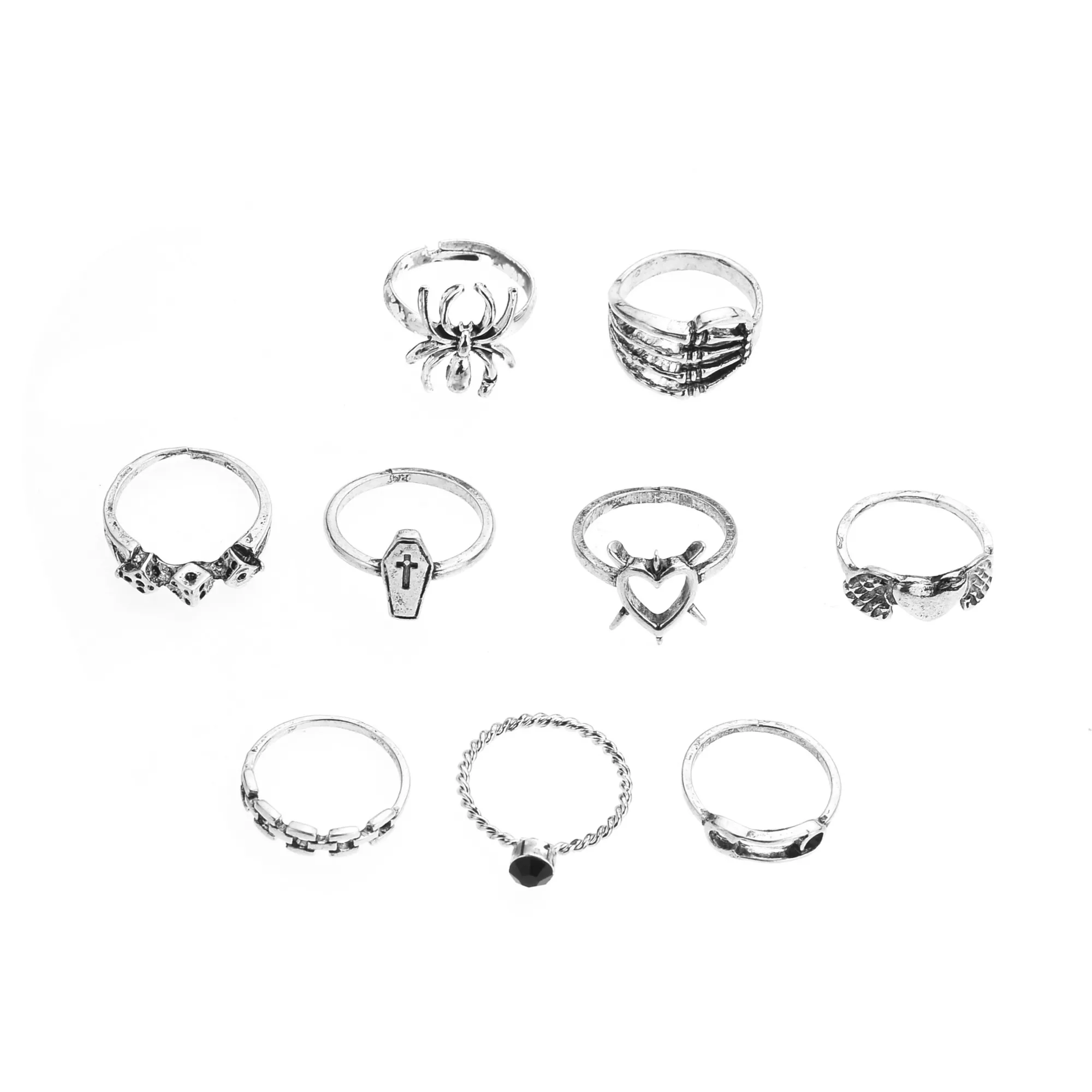 Multi-Pack Coffin Spider Spike Heart Assorted Rings - 9 Pack at Spencer's
