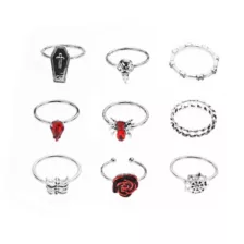 Multi-Pack Red CZ Silver-Plated Gothic Rings - 9 Pack at Spencer's