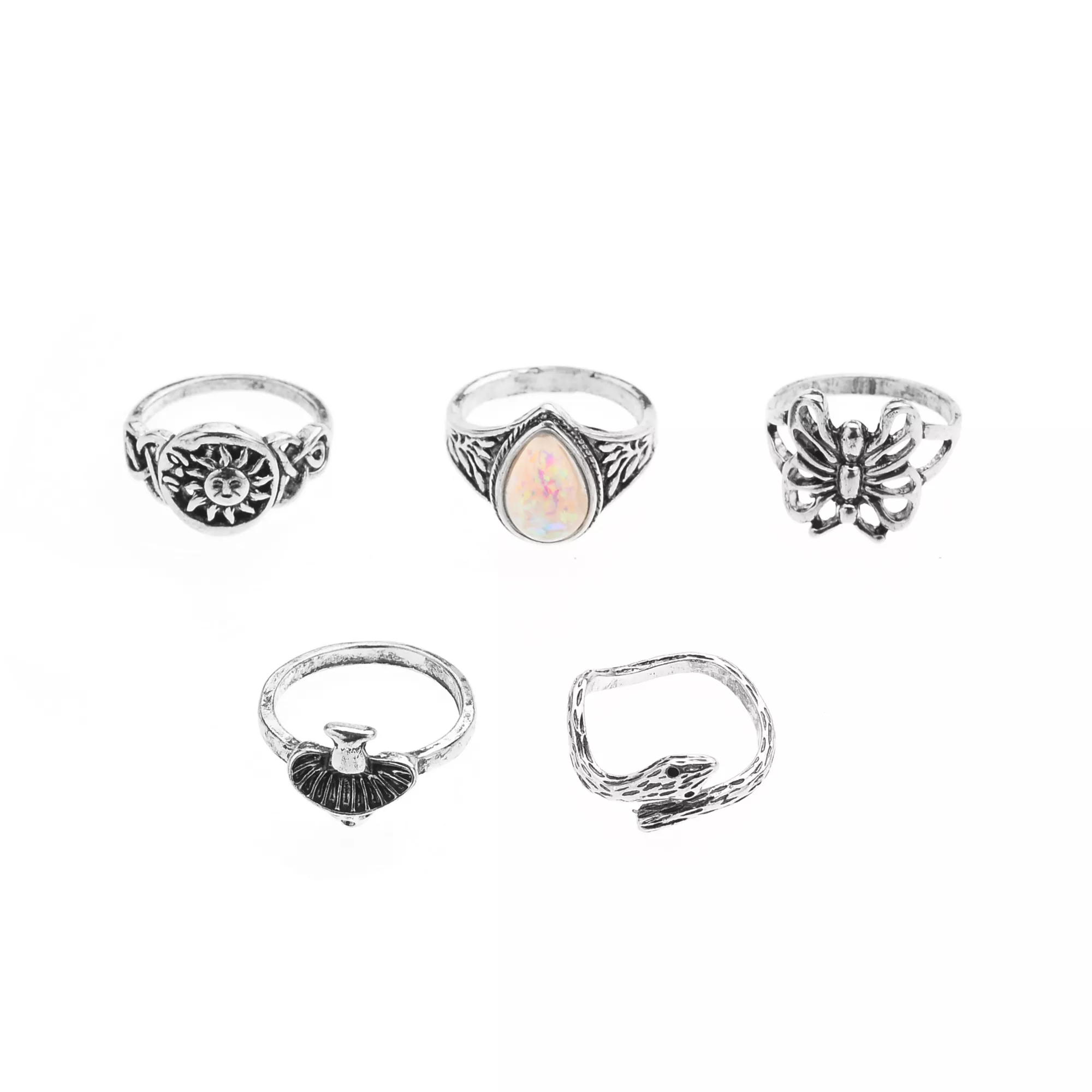 Multi-Pack Silver-Plated Butterfly Moonstone Rings - 5 Pack at Spencer's