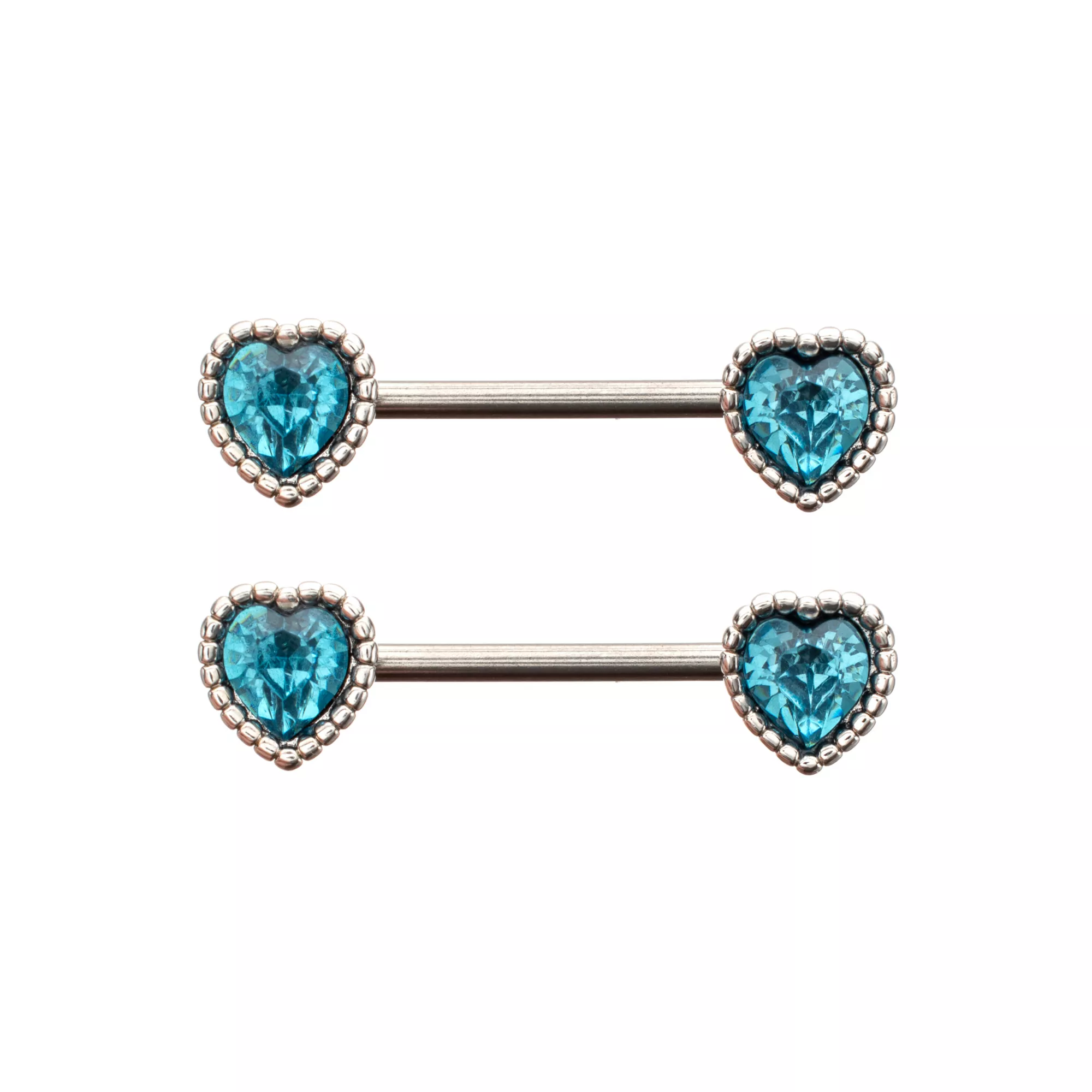 Blue CZ Heart Silver-Plated Nipple Barbells - 14 Gauge