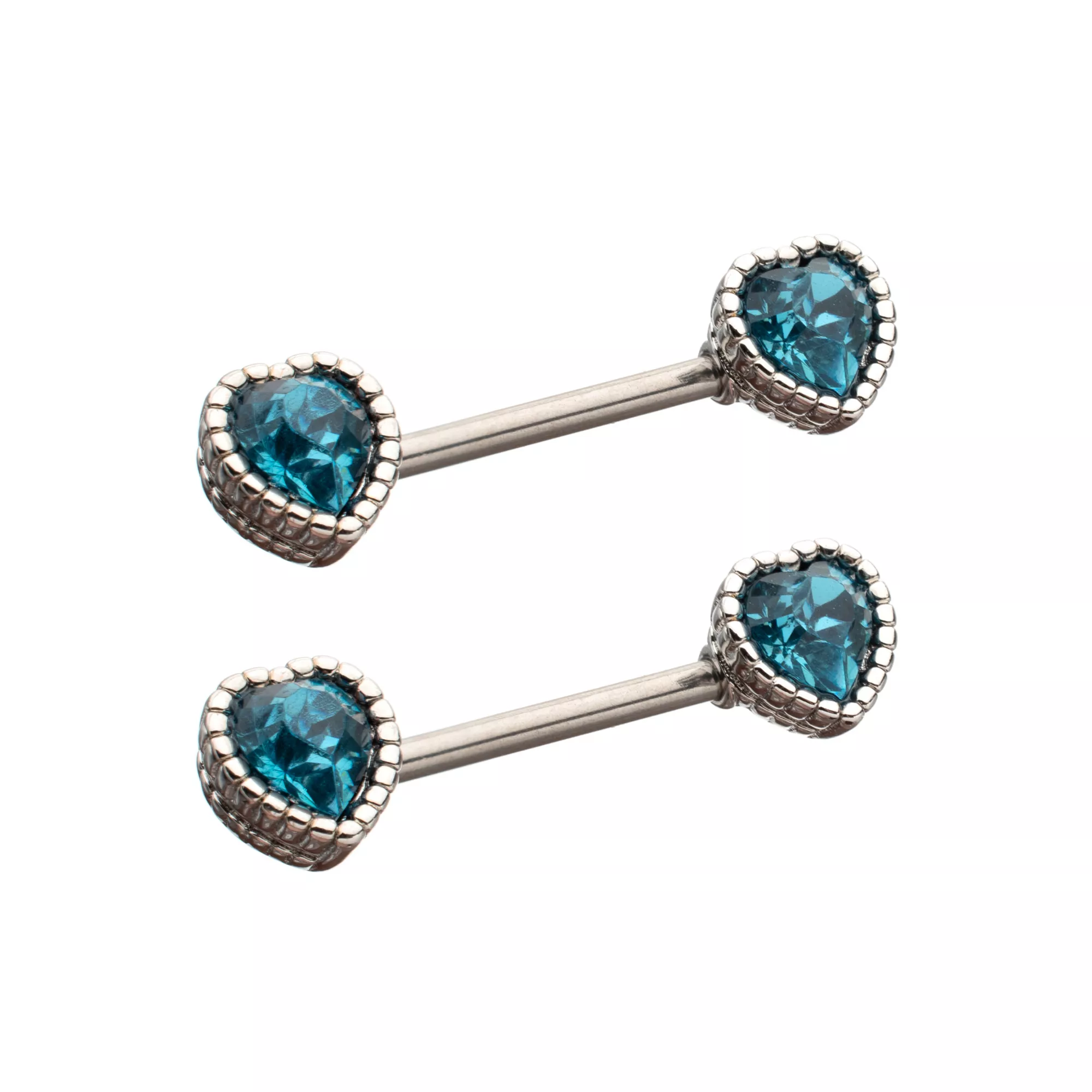 Blue CZ Heart Silver-Plated Nipple Barbells - 14 Gauge