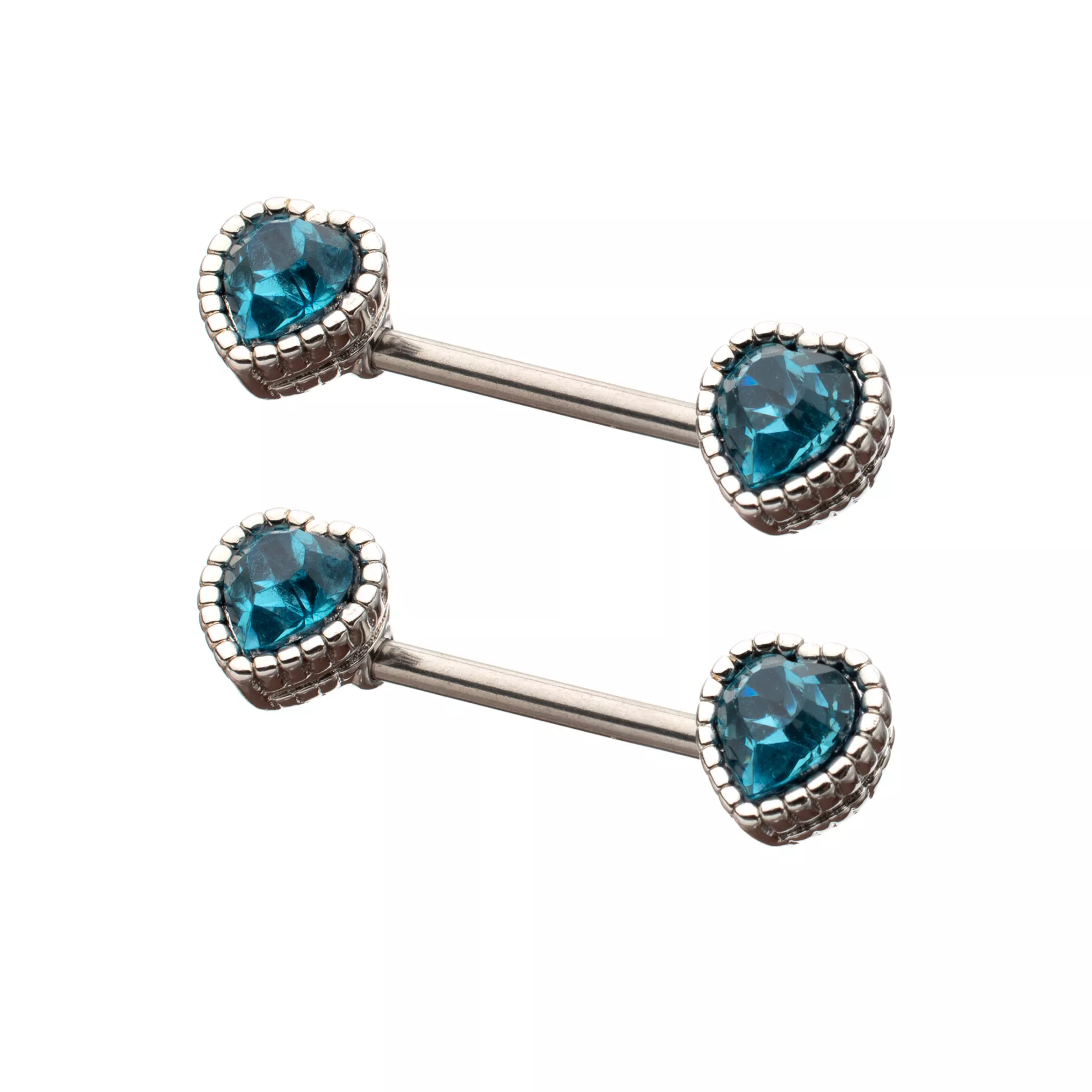 Blue CZ Heart Silver-Plated Nipple Barbells - 14 Gauge