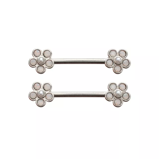 Iridescent CZ and Pearl-Effect Flower Silver-Plated Nipple Barbells - 14 Gauge at Spencer's