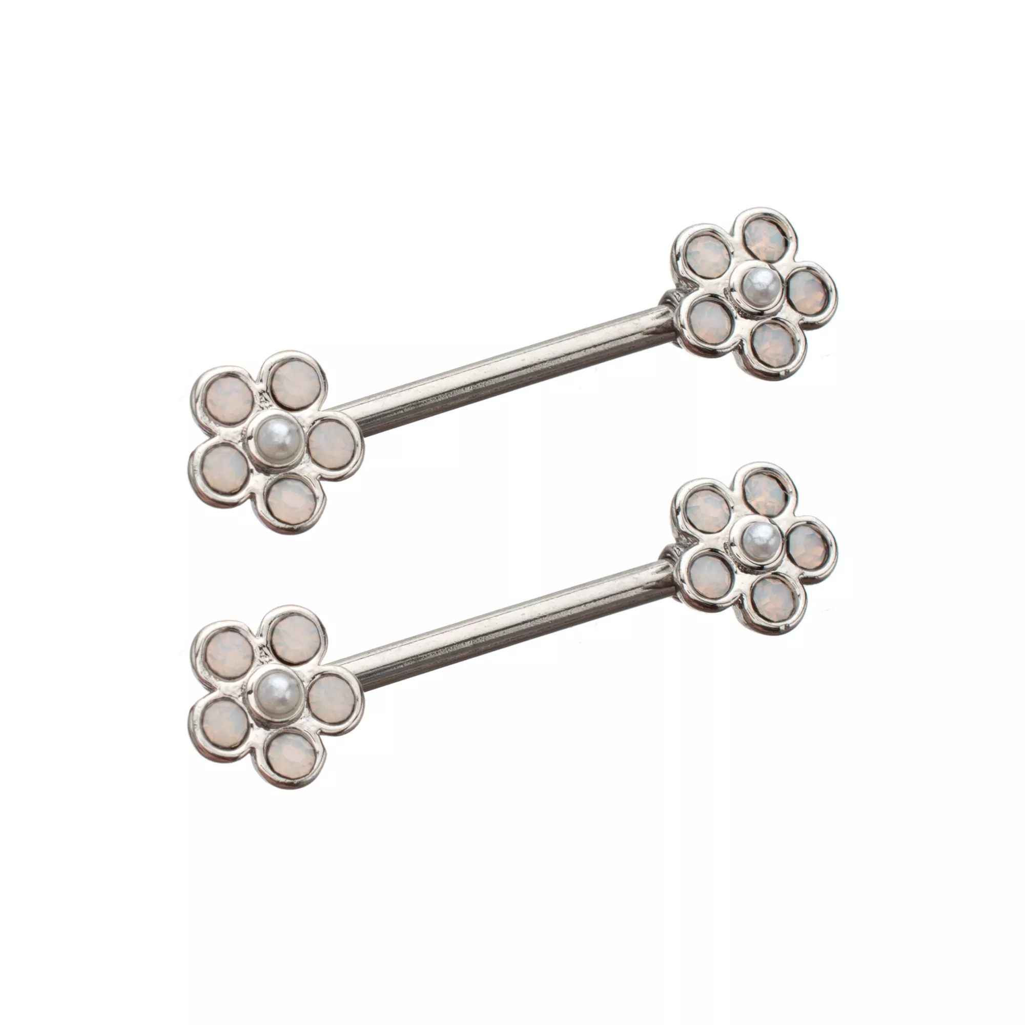 Iridescent CZ and Pearl-Effect Flower Silver-Plated Nipple Barbells - 14 Gauge