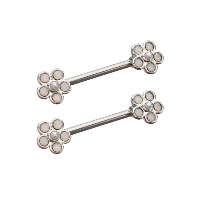 Iridescent CZ and Pearl-Effect Flower Silver-Plated Nipple Barbells - 14 Gauge at Spencer's