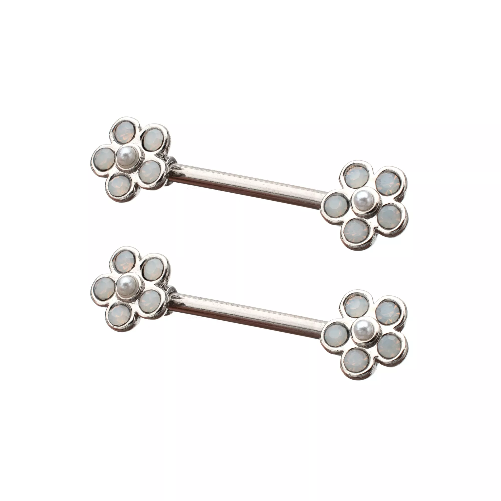 Iridescent CZ and Pearl-Effect Flower Silver-Plated Nipple Barbells - 14 Gauge