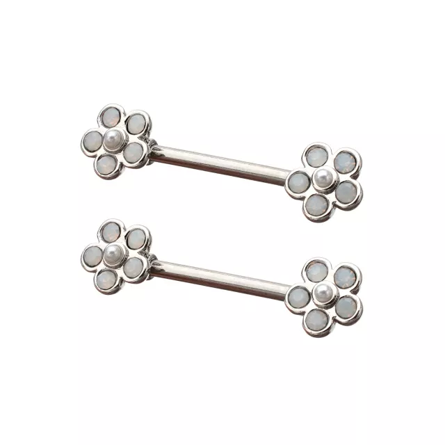 Iridescent CZ and Pearl-Effect Flower Silver-Plated Nipple Barbells - 14 Gauge at Spencer's