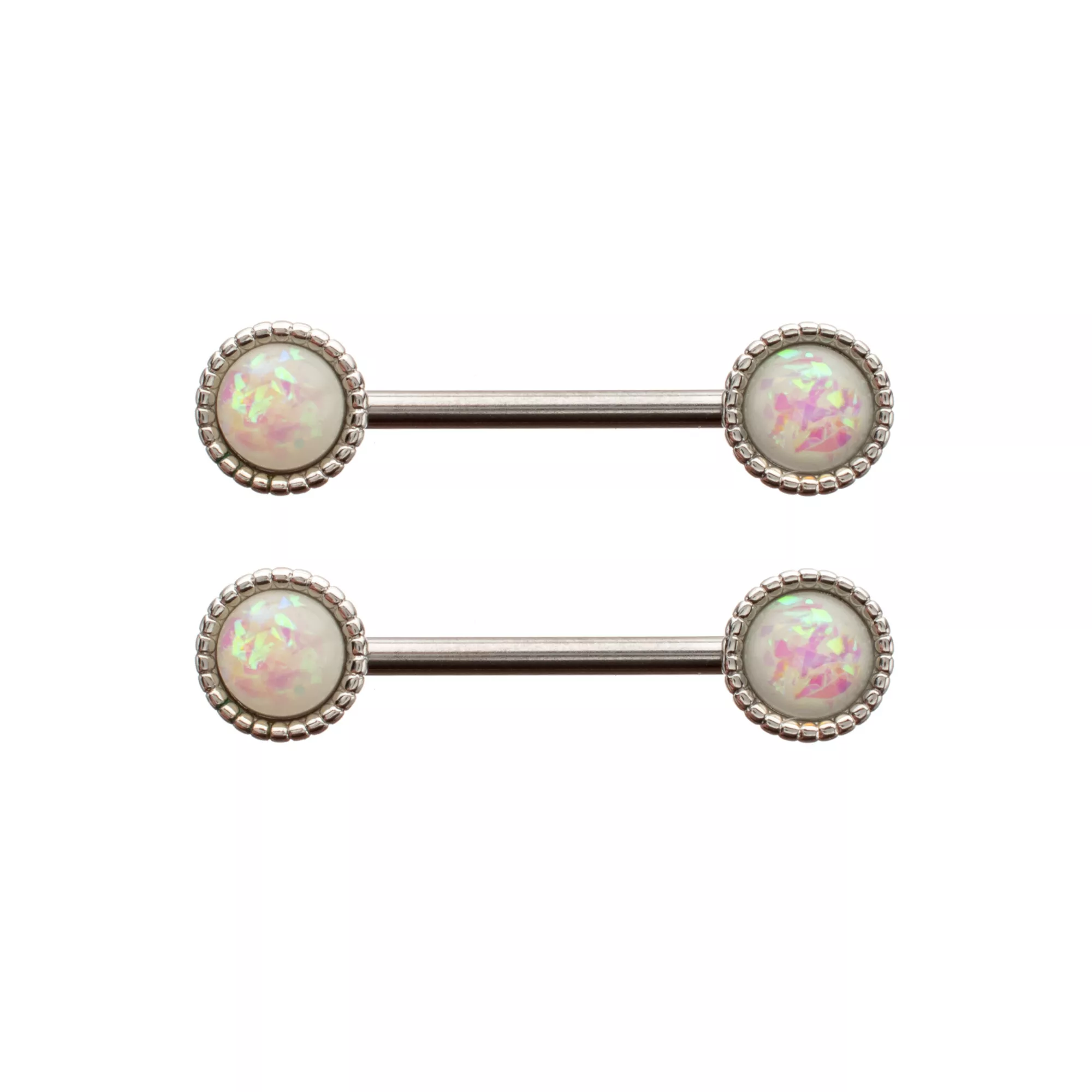 Opal-Effect Round Silver-Plated Nipple Barbells - 14 Gauge