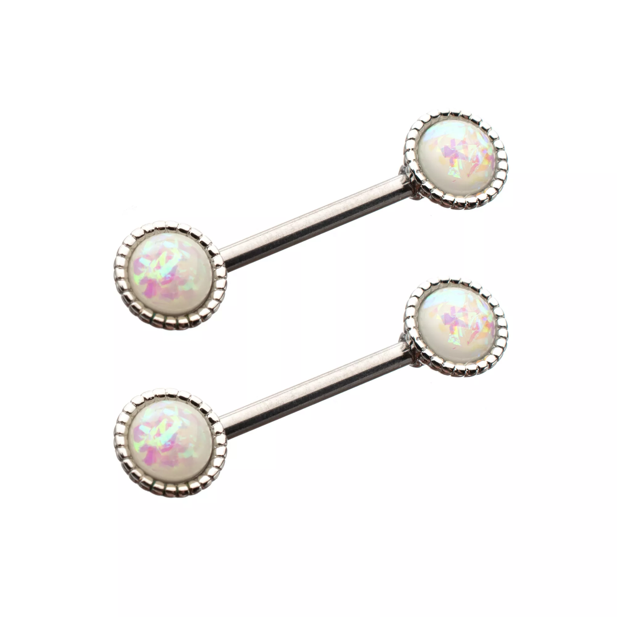 Opal-Effect Round Silver-Plated Nipple Barbells - 14 Gauge