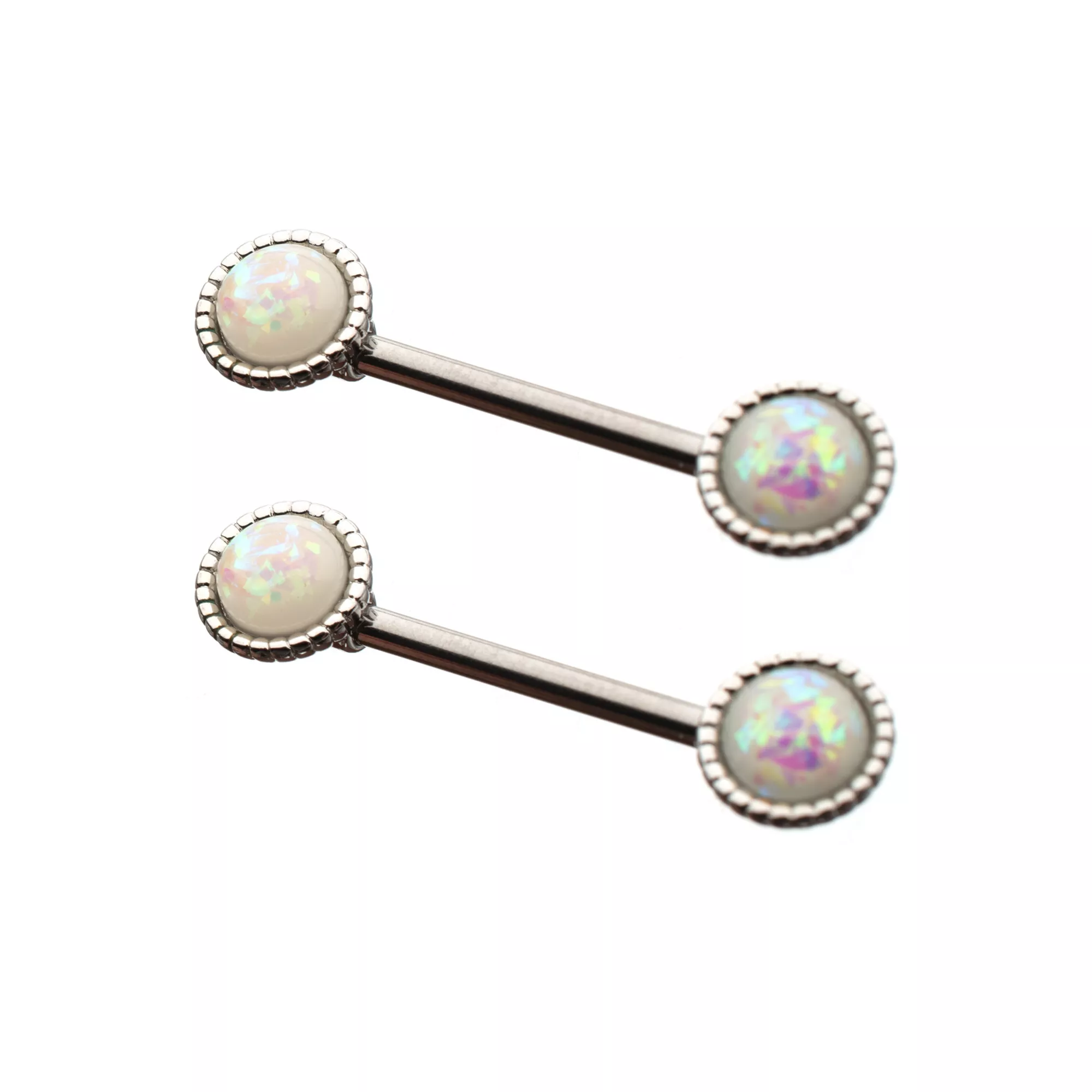 Opal-Effect Round Silver-Plated Nipple Barbells - 14 Gauge