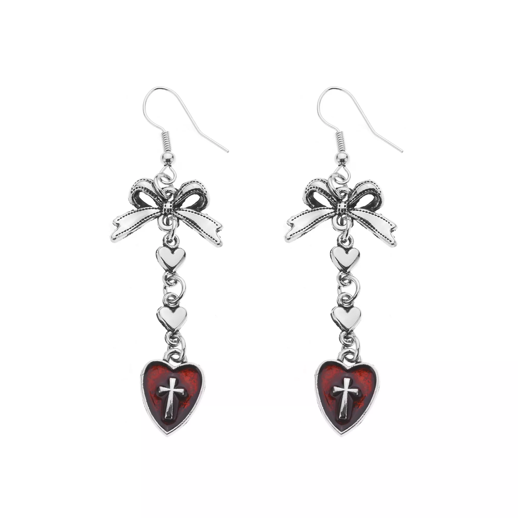 Bow Red Heart Cross Dangle Earrings
