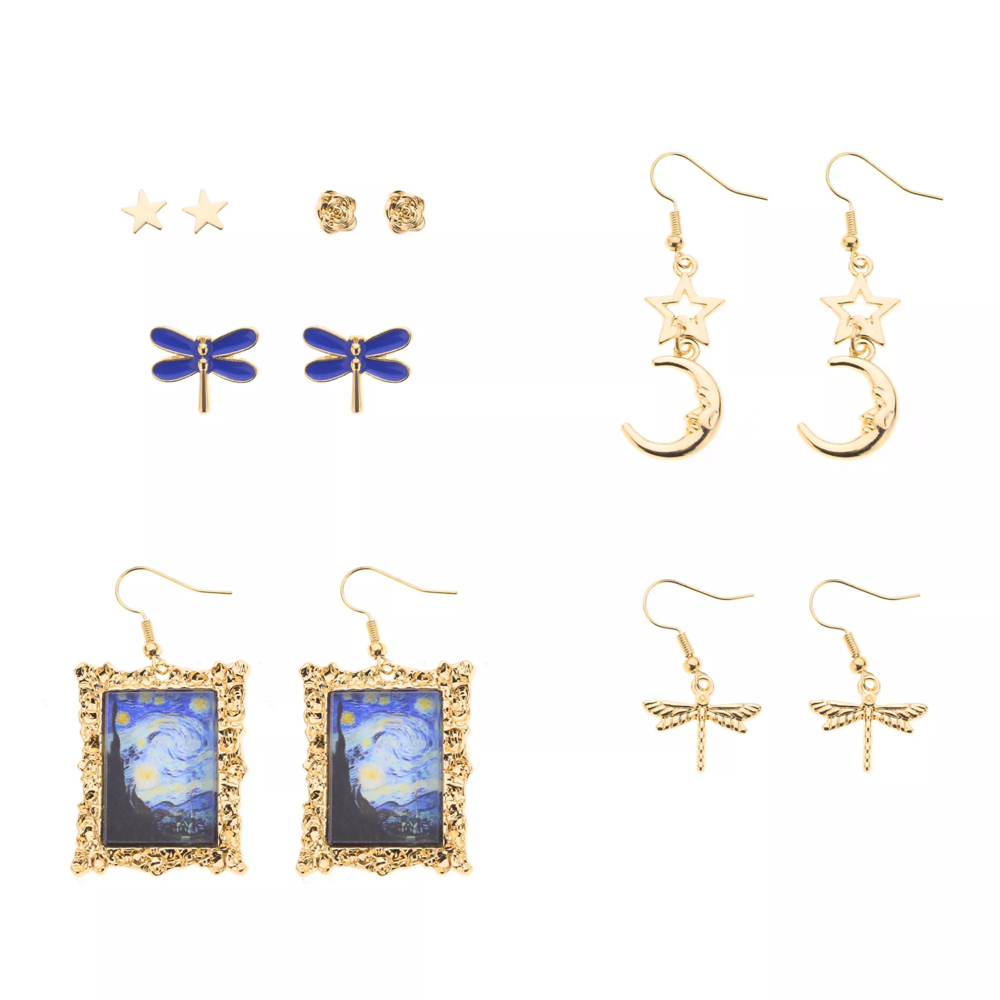 Multi-Pack Blue Starry Night Moon Gold-Tone Earrings - 6 Pair