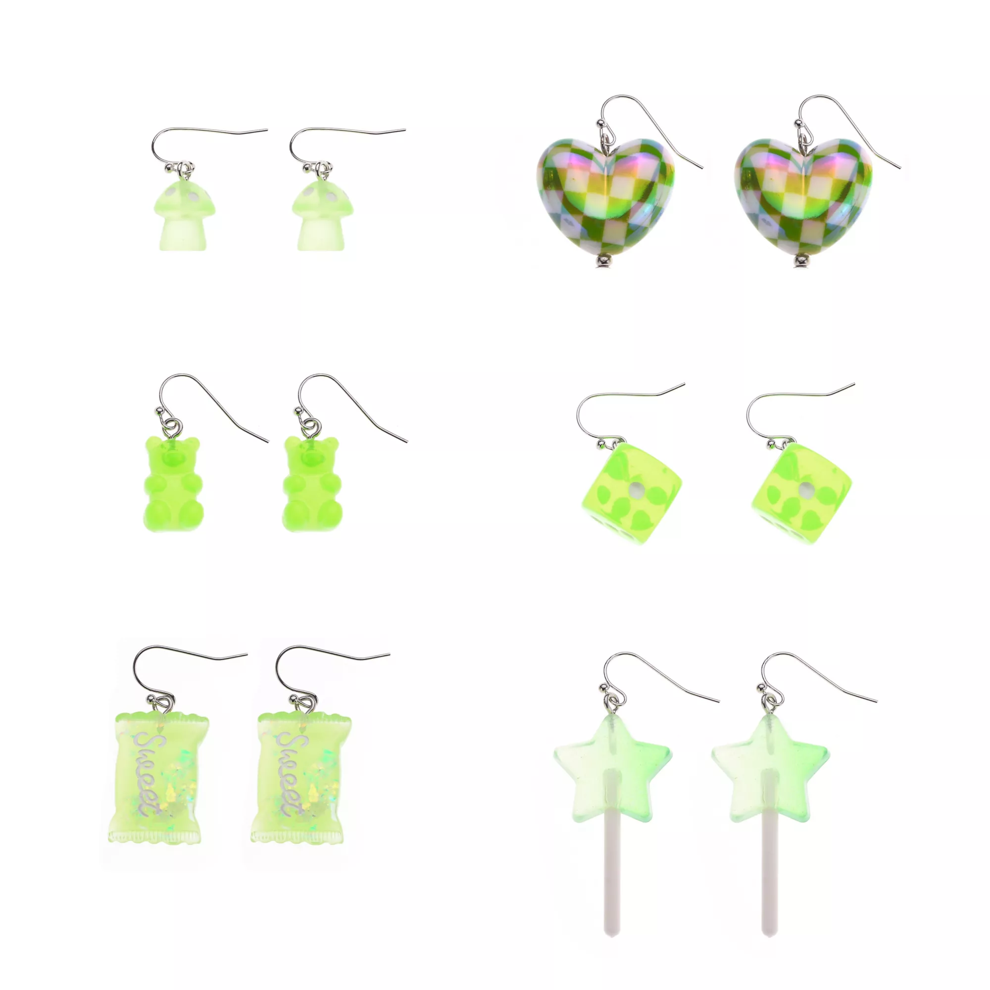 Multi-Pack Green Heart Dice Candy Dangle Earrings - 6 Pair at Spencer's