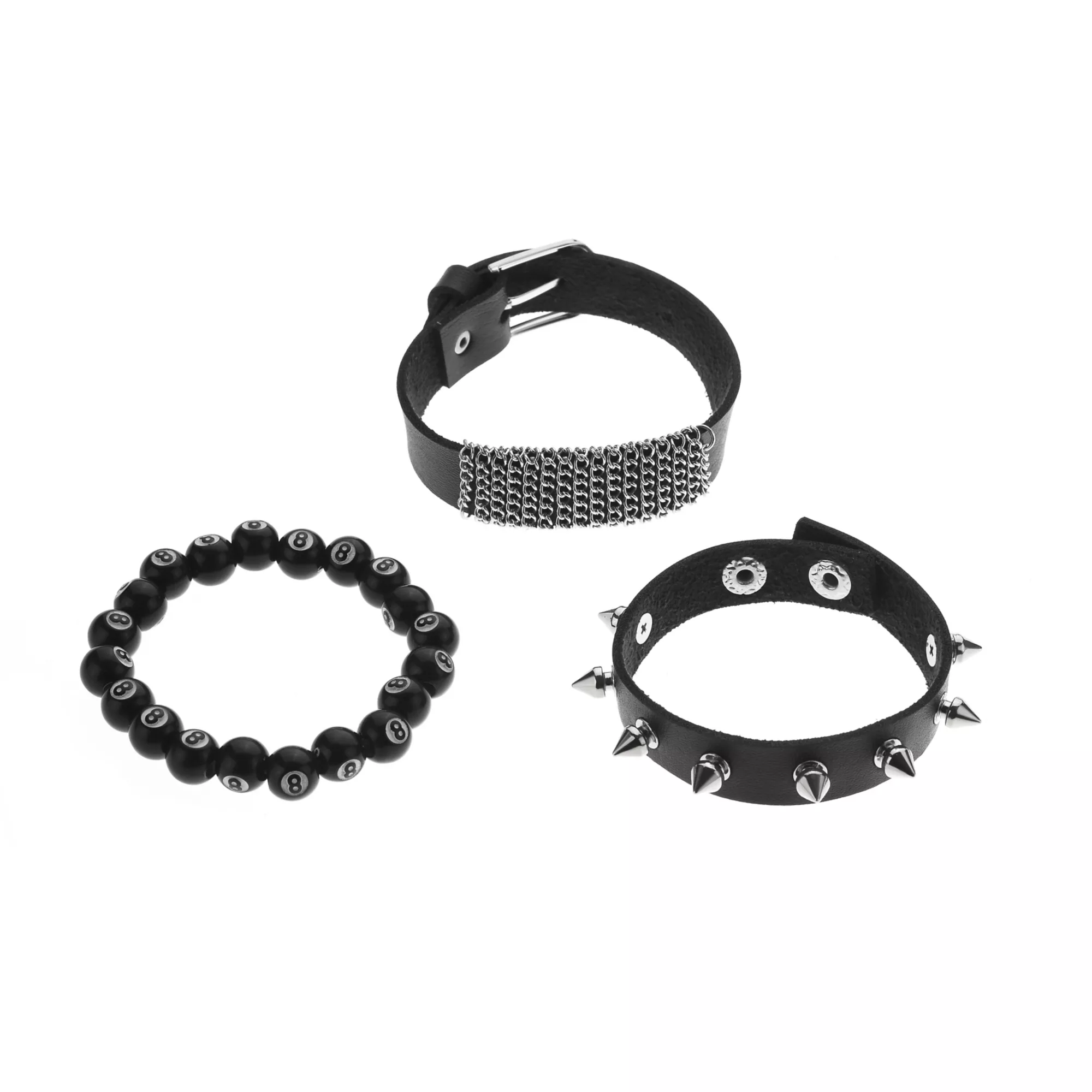 Multi-Pack Spiked Faux Leather and 8-Ball Beaded Bracelets - 3 Pack at Spencer's
