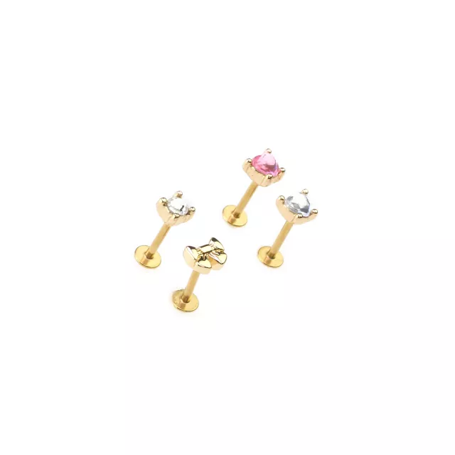 Multi-Pack CZ Gold-Tone Heart and Bow Labret Lip Rings 4 Pack - 16 Gauge at Spencer's