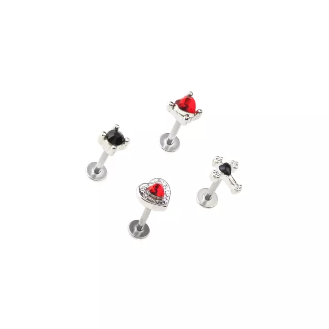 Multi-Pack Red and Black CZ Heart and Cross Labret Lip Rings 4 Pack - 16 Gauge at Spencer's