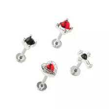 Multi-Pack Red and Black CZ Heart and Cross Labret Lip Rings 4 Pack - 16 Gauge at Spencer's