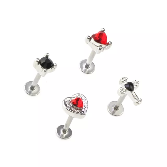 Multi-Pack Red and Black CZ Heart and Cross Labret Lip Rings 4 Pack - 16 Gauge at Spencer's