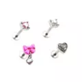 Multi-Pack CZ Pink Bow and Gothic Heart Labret Lip Rings 4 Pack - 16 Gauge at Spencer's