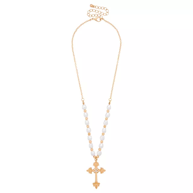 Pearl-Effect Cross Gold-Tone Necklace at Spencer's