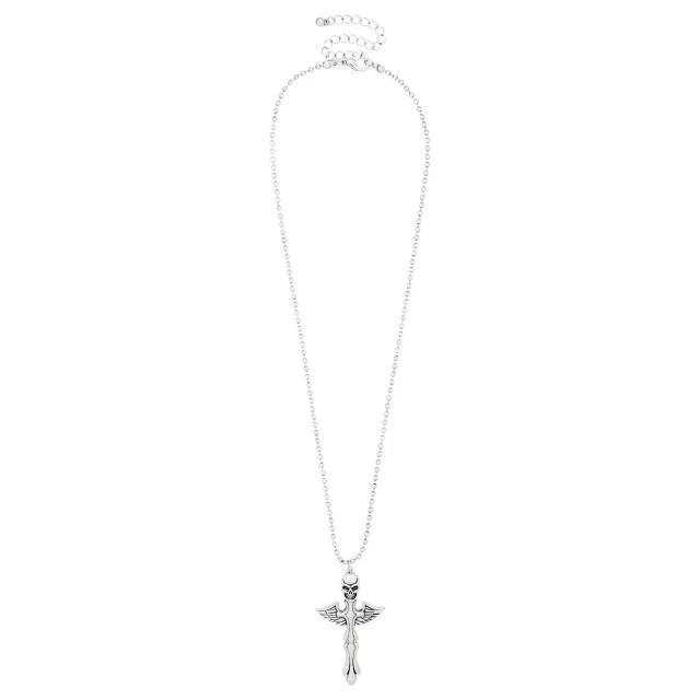 Silvertone Winged Skull Cross Pendant Necklace at Spencer's