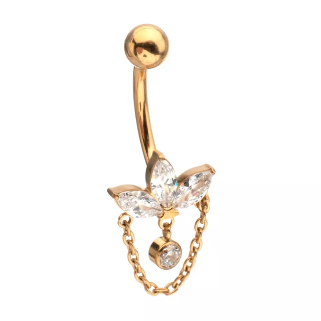 ASTM F-136 Titanium CZ Fan Gold-Plated Dangle Belly Ring - 14 Gauge