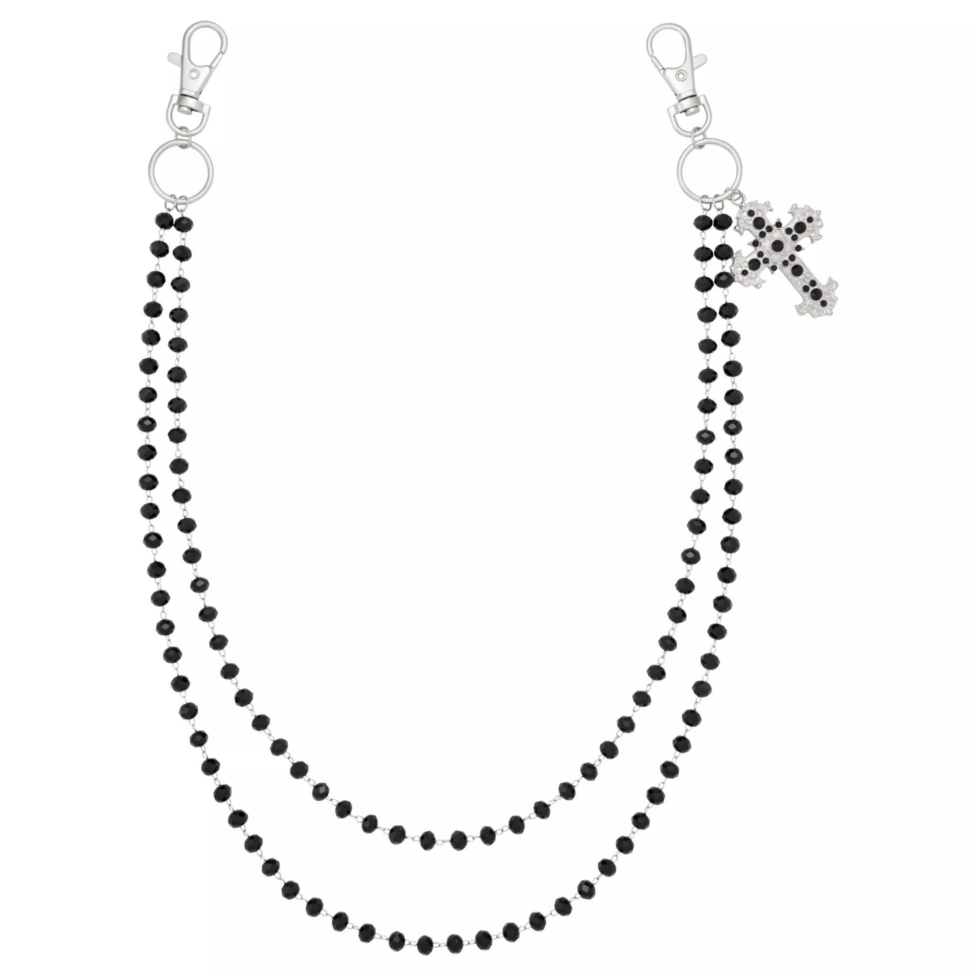 2-Row Black Beaded Cross Wallet Chain