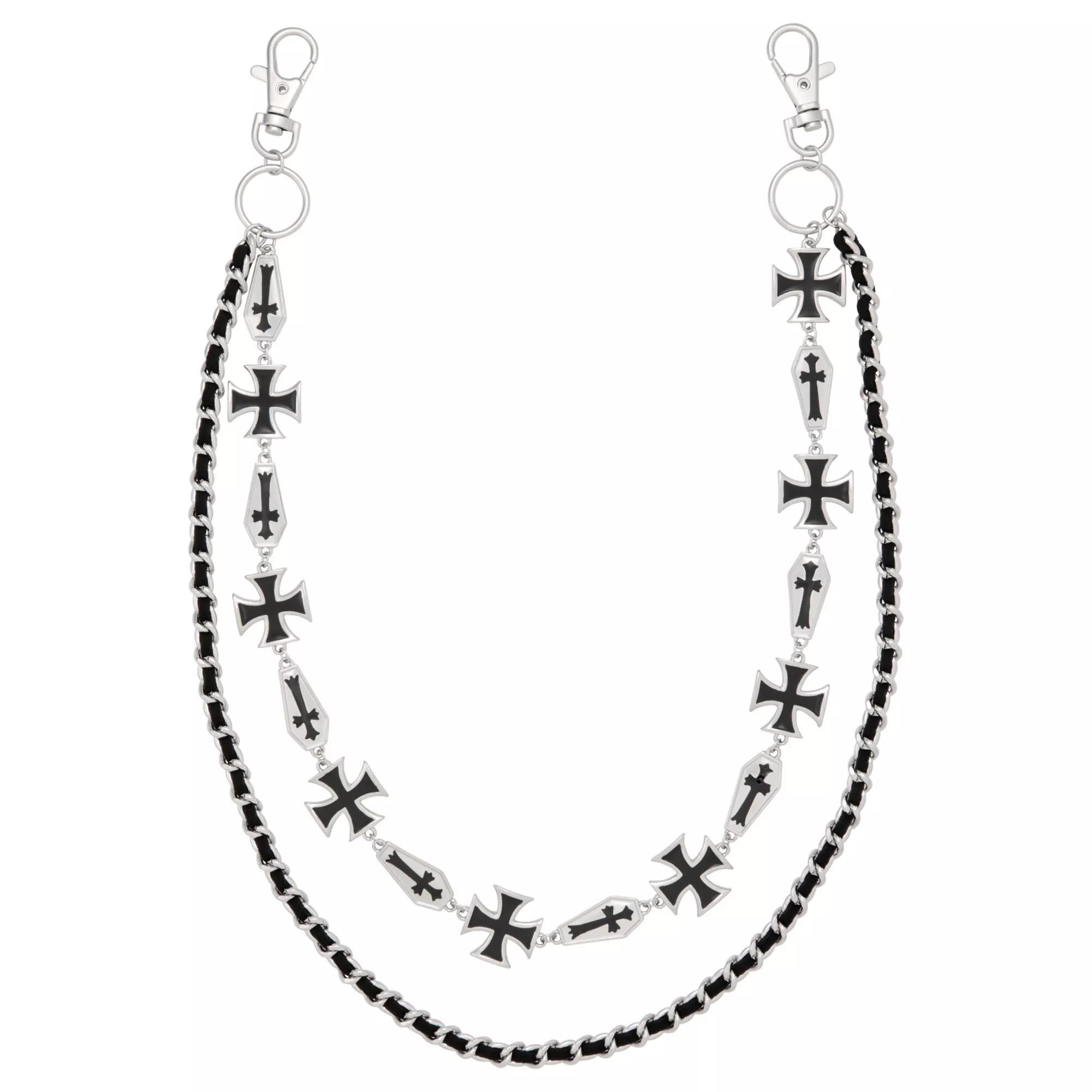 Silvertone Black Cross Layered Wallet Chain