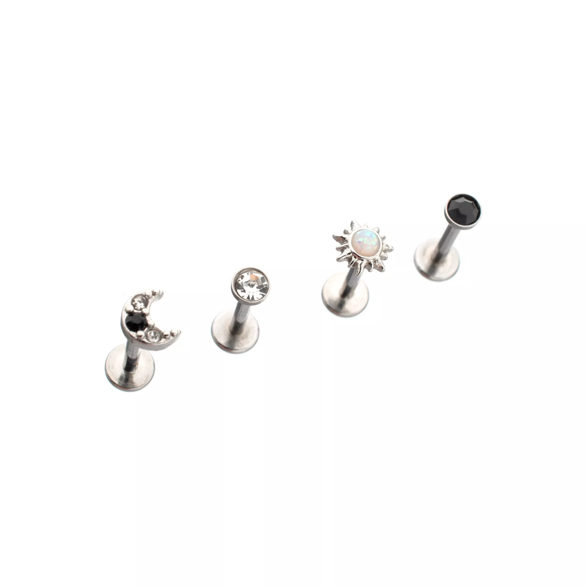 Multi-Pack Gold-Plated CZ Sun and Moon Flat Back Labret Lip Rings 4 Pack - 16 Gauge