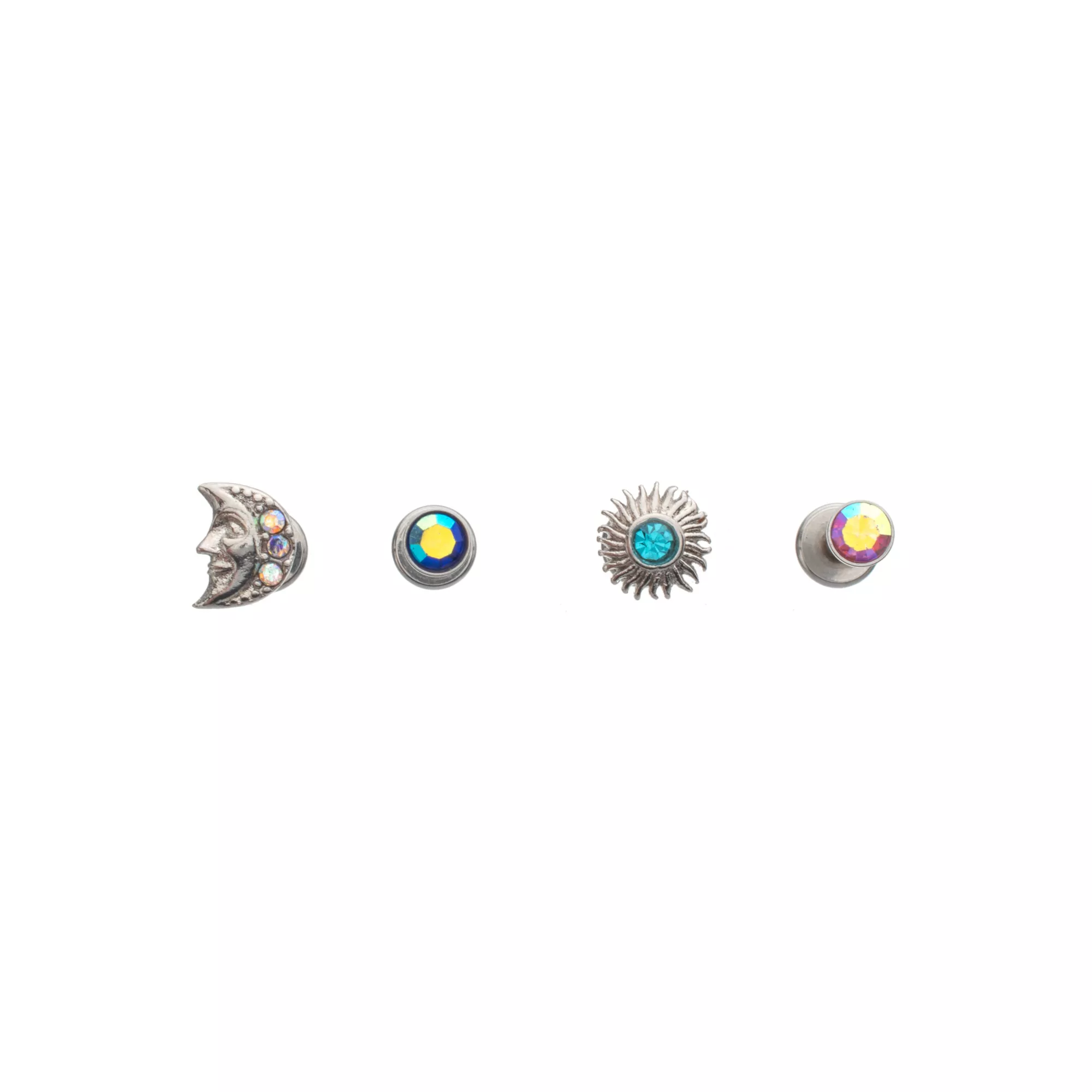Multi-Pack Silver-Plated CZ Sun and Moon Flat Back Labret Lip Rings 4 Pack - 16 Gauge