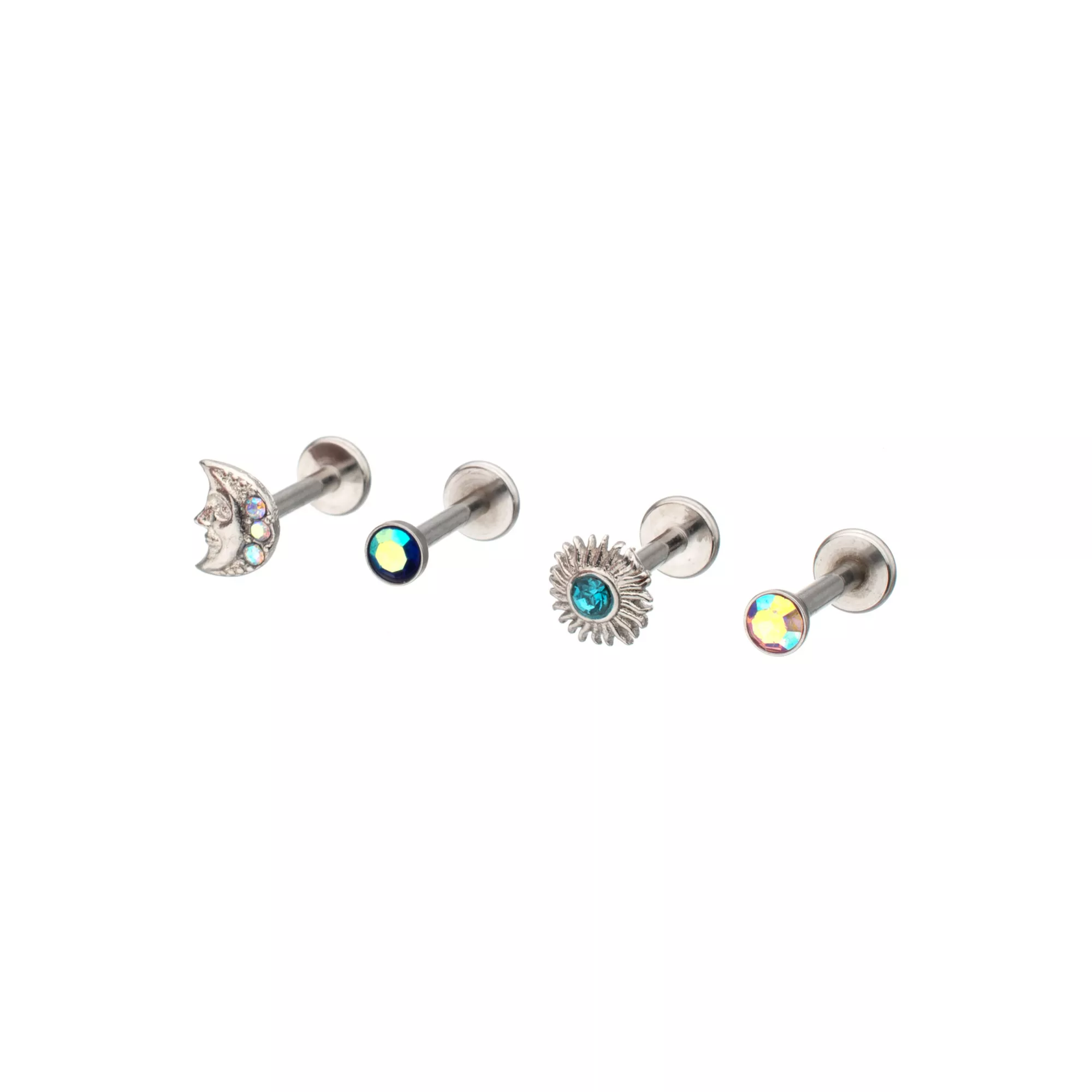 Multi-Pack Silver-Plated CZ Sun and Moon Flat Back Labret Lip Rings 4 Pack - 16 Gauge