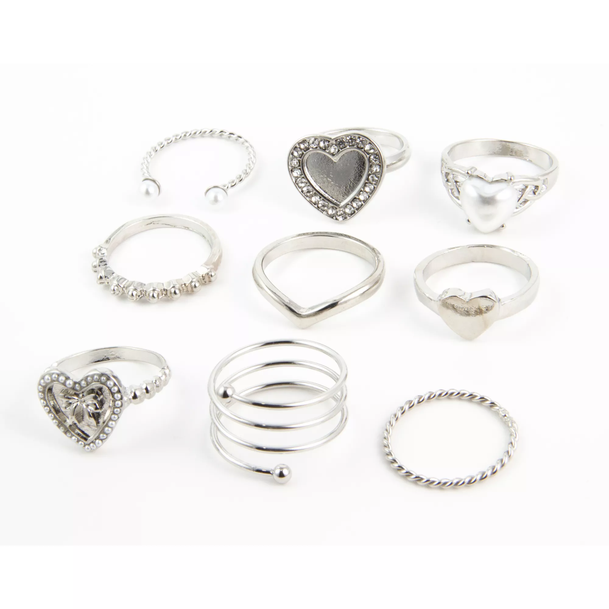 Multi-Pack Pearl-Effect Heart Rings - 9 Pack
