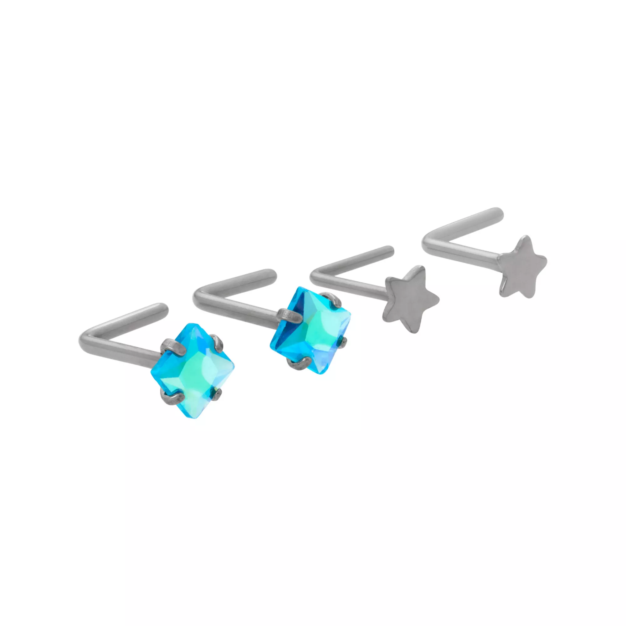 Multi-Pack ASTM F-136 Titanium Blue CZ Square Aurora Borealis-Effect Star L-Bend Nose Rings 4 Pack - 20 Gauge at Spencer's