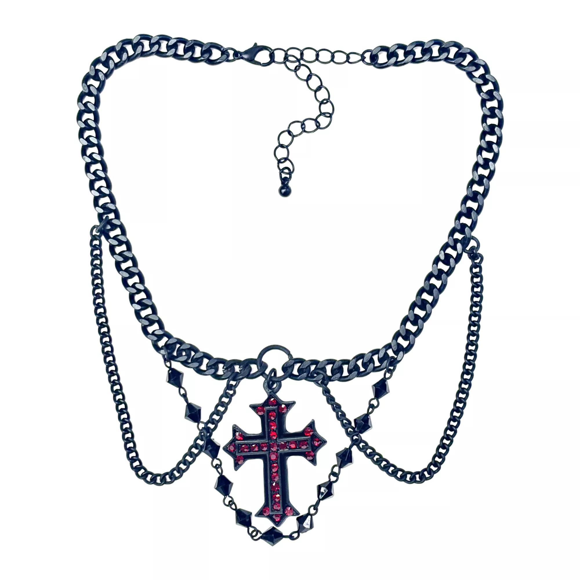 Black and Red Cross Beaded Chain Choker Necklace