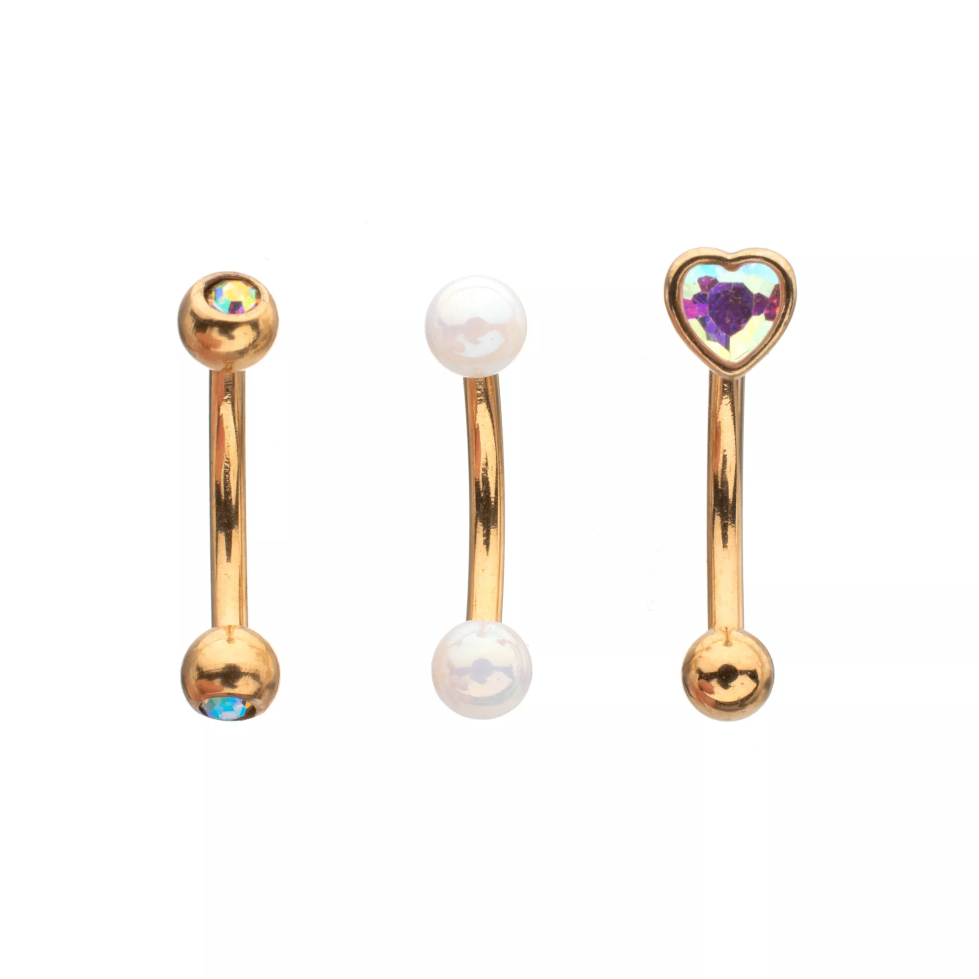 Multi-Pack Gold-Plated CZ Heart Curved Barbells 3 Pack - 16 Gauge