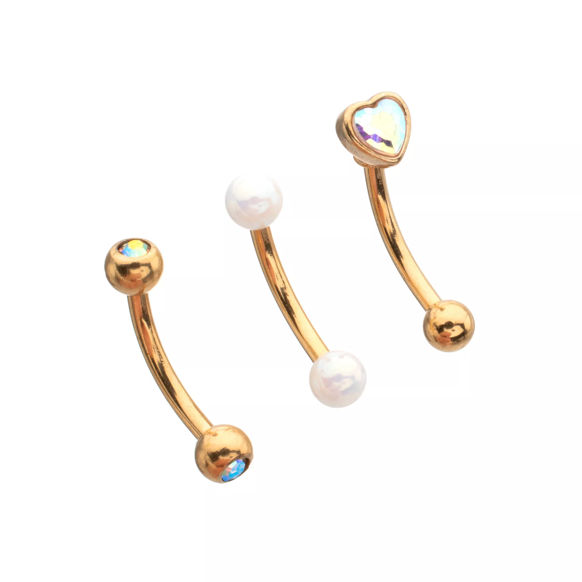 Multi-Pack Gold-Plated CZ Heart Curved Barbells 3 Pack - 16 Gauge