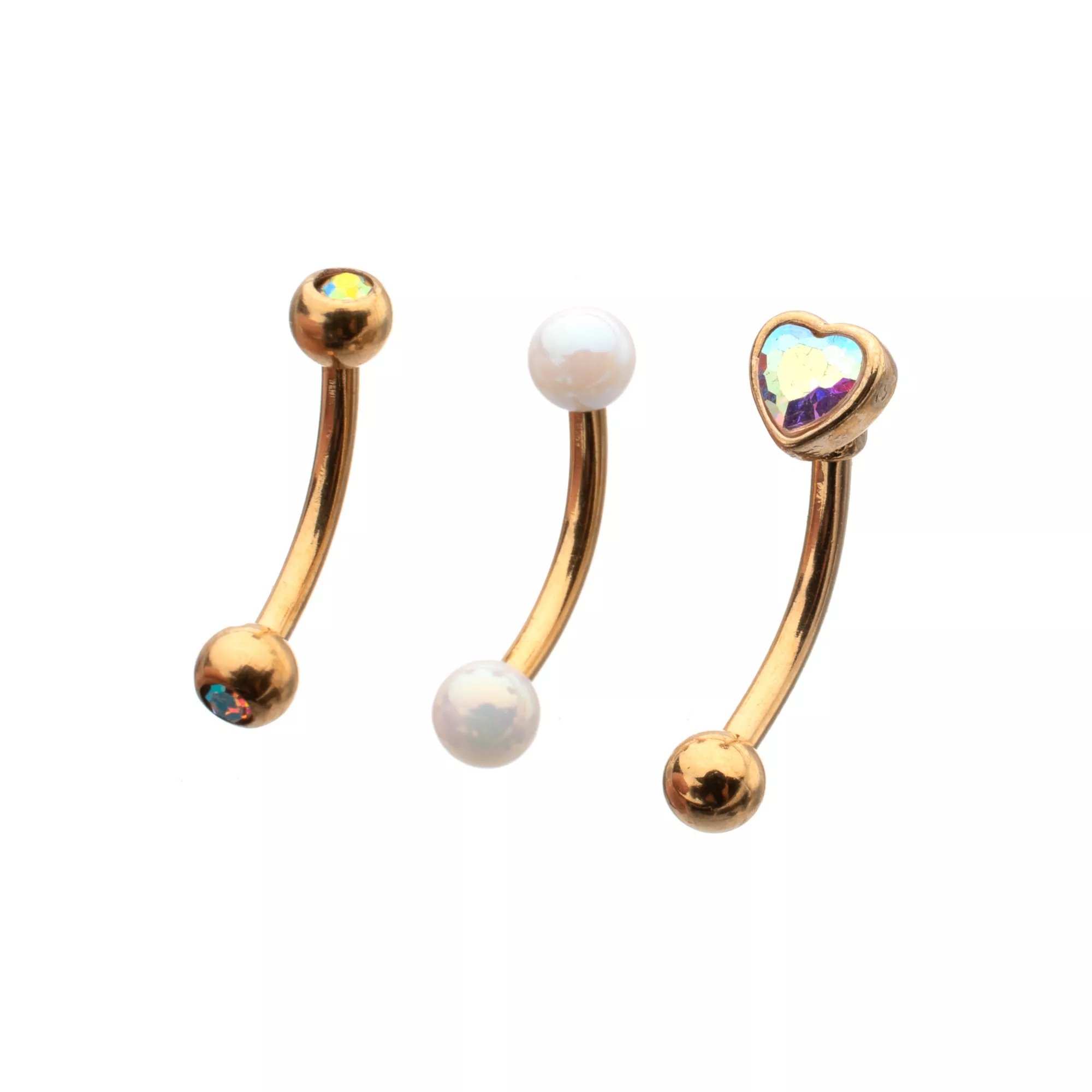 Multi-Pack Gold-Plated CZ Heart Curved Barbells 3 Pack - 16 Gauge