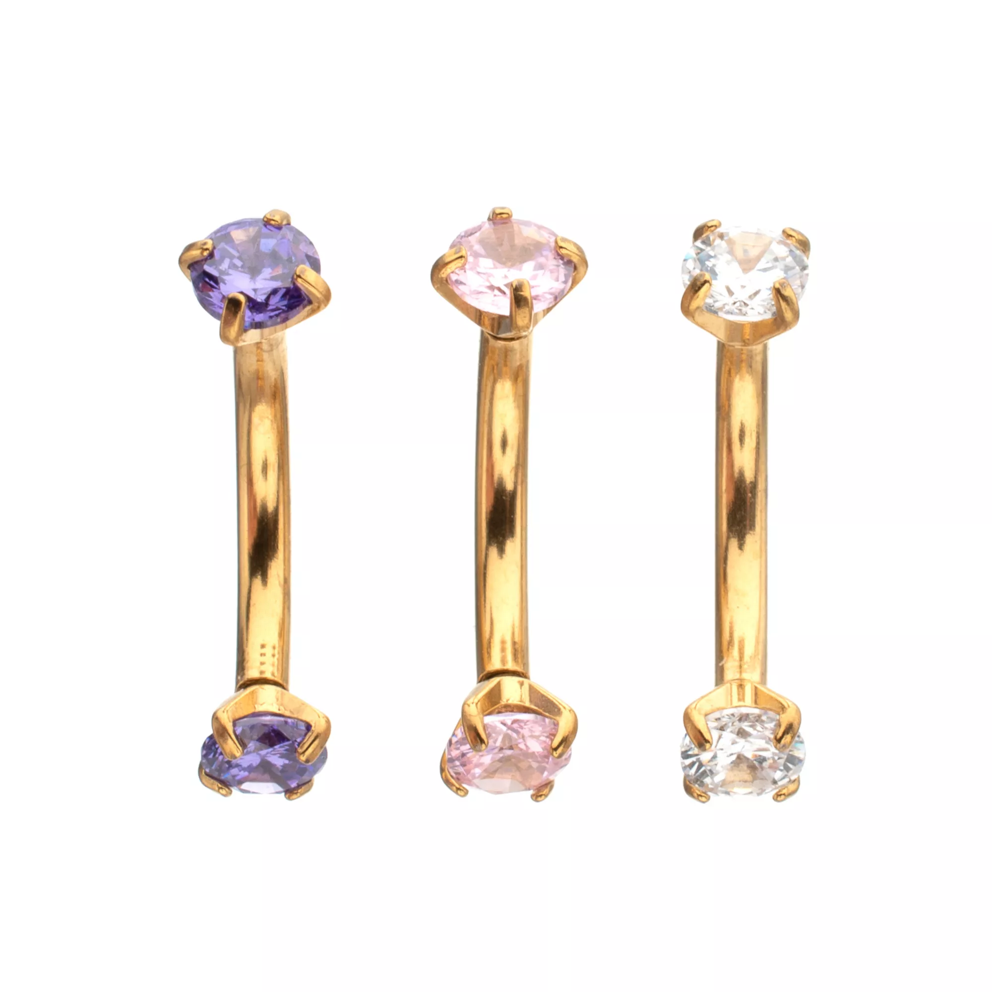 Multi-Pack Multi-Color CZ Gold-Plated Curved Barbells 3 Pack - 16 Gauge