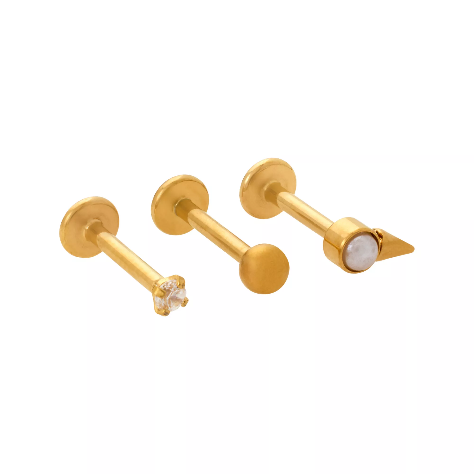 Multi-Pack ASTM F-136 Titanium Clear CZ and Pearl-Effect Gold-Plated Cartilage Pins 3 Pack - 16 Gauge at Spencer's