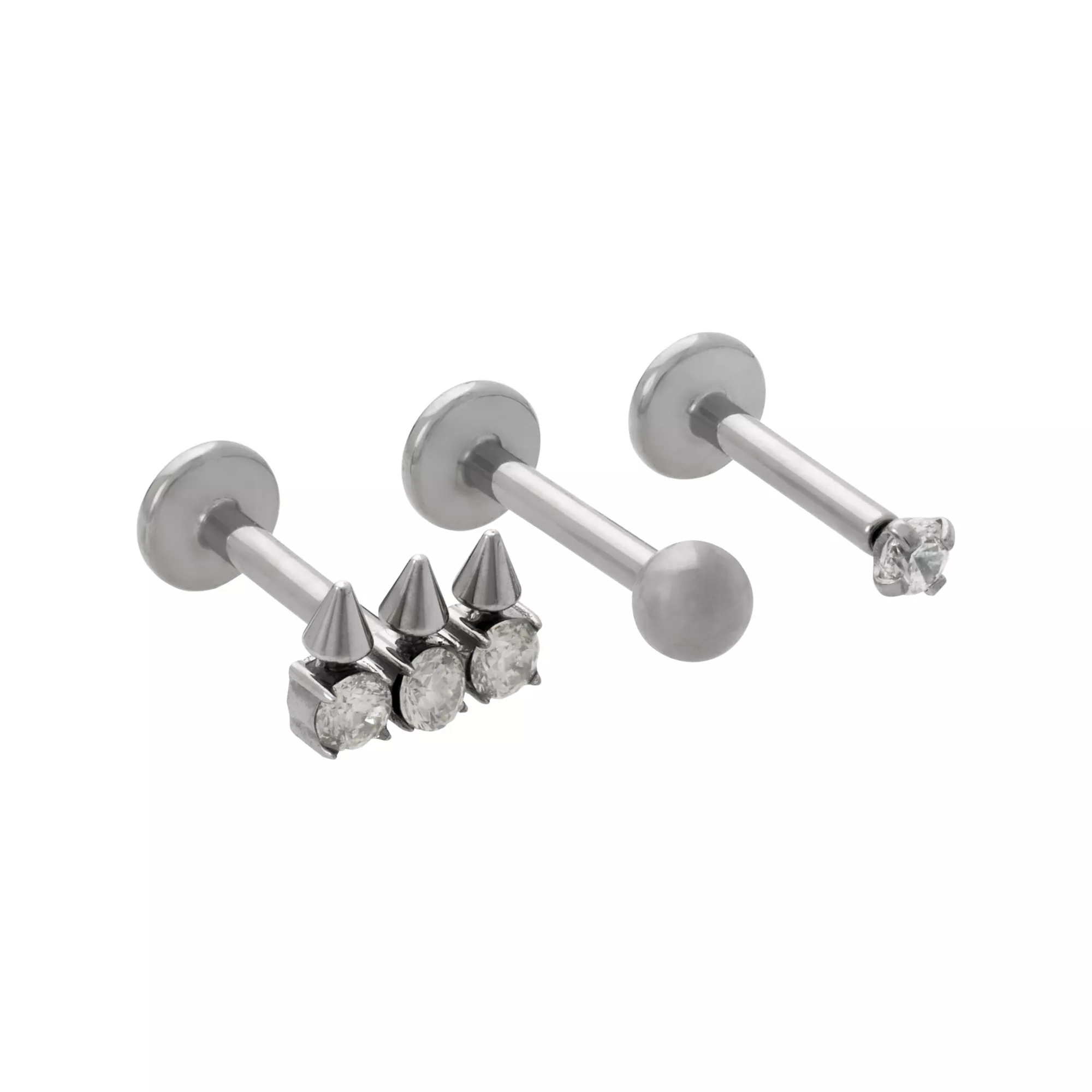 Multi-Pack ASTM F-136 Titanium CZ Triple Spike Silver-Plated Cartilage Barbells 3 Pack - 16 Gauge at Spencer's